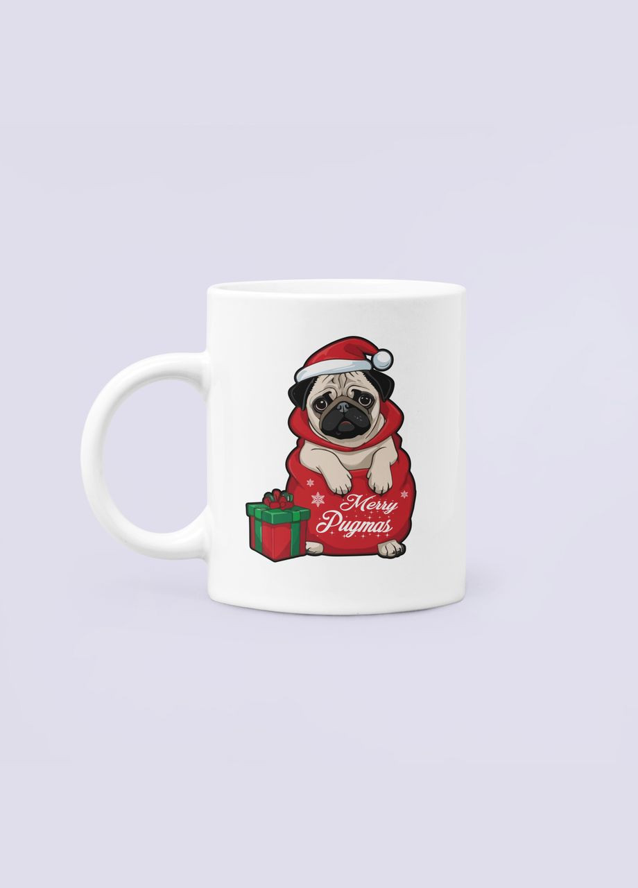 Чашка Керамічна Кружка з принтом Merry Pugmas мопс Санта Біла 330 мл Orca (317320174)