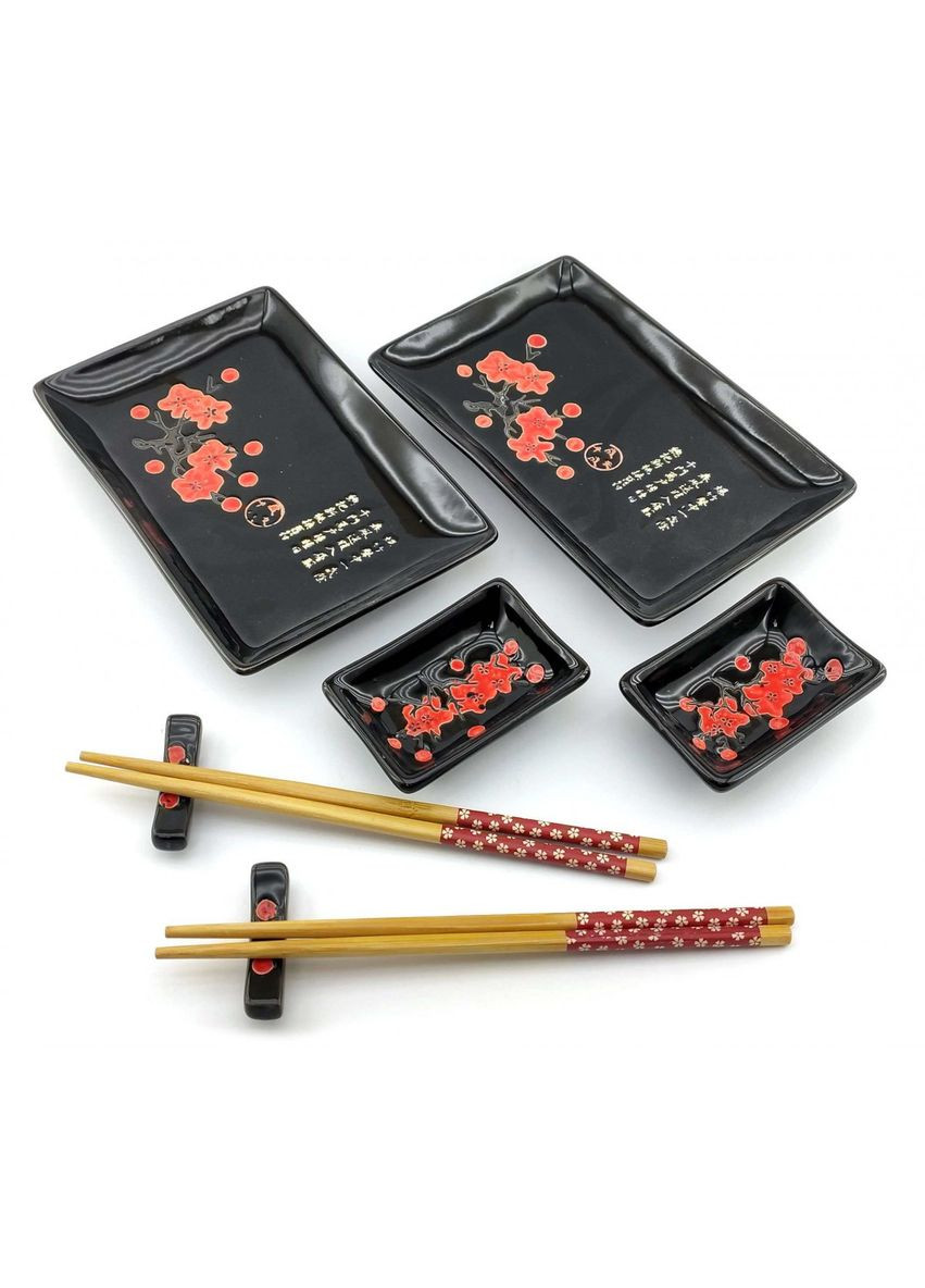 Сервиз для суши 28х28, 3х3, 5 см 2 персоны Красная сакура на черном фоне No Brand (317041972)