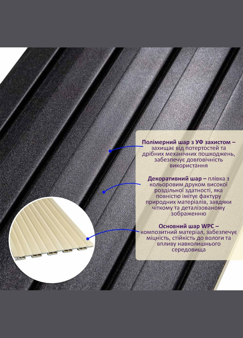 Декоративна рейка WPC стінова антрацит 3000x150x9мм (D) SW-00001869 Sticker Wall (298046381)