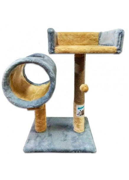 Когтеточка К-3 драпак стовпчик на підставці з диваном та тунелем (джут) сіра з бежевим 56/38 см Пухнастики (304424306)