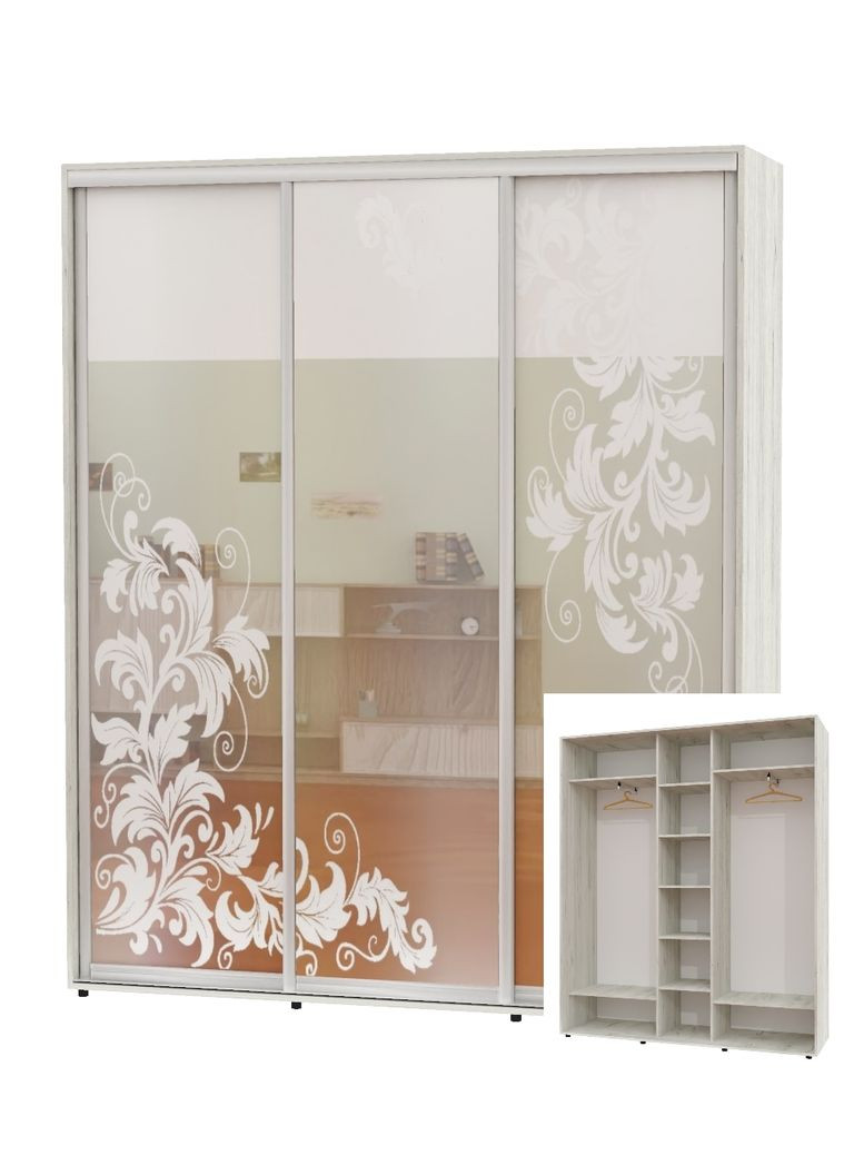 Шкаф-купе трехдверный 170*45*240 Дуб крафт белый Зеркало с пескоструйным рисунком ШК-04 Алекса (360479379)