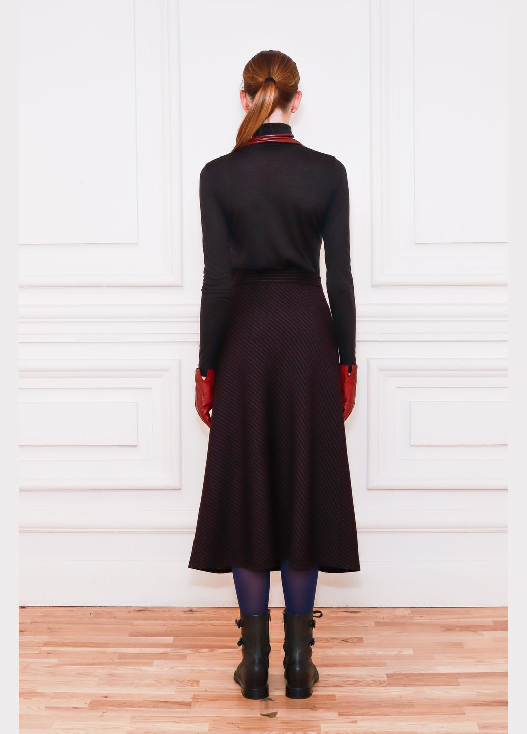 Темно-бордовая офисная черно-бордовая полосатая юбка из шерсти ридженс Dolcedonna а-силуэта (трапеция)