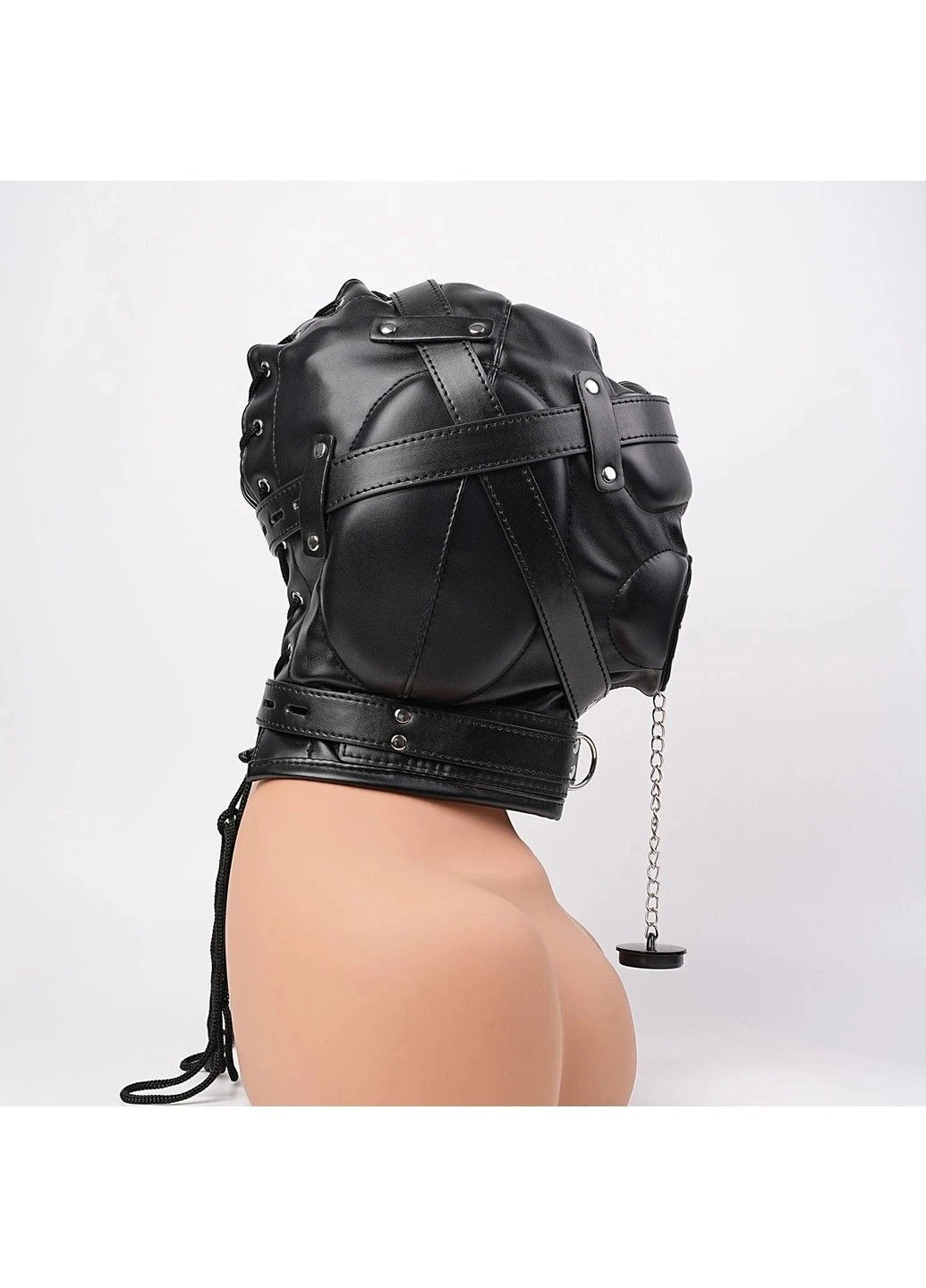 BDSM маска-капюшон Full-Face из экокожи с кляпом и съемной заглушкой на цепочке We Love (401491145)
