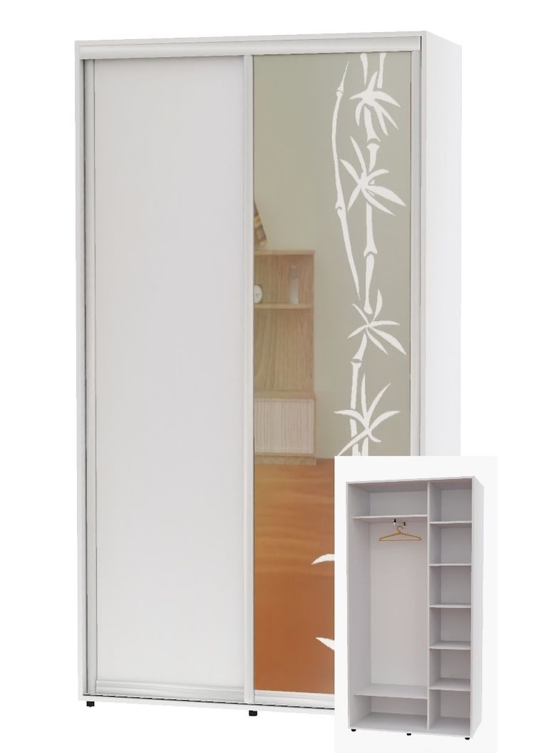 Шафа-купе дводверна 130*45*240 Білий ДСП/Дзеркало з піскострумним малюнком Алекса (360449421)