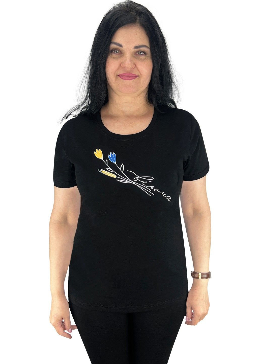 Чорна всесезон футболка жіноча з накатом квіти з коротким рукавом Жемчужина стилей 4695