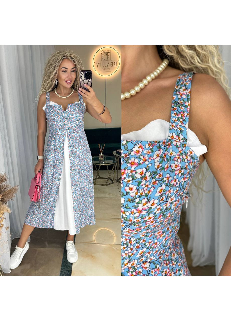 Блакитна сукня віскозний штапель,довга з розрізом,груди-резинка Україна