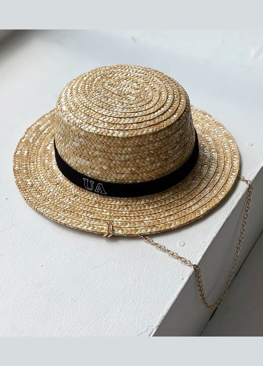 Канотье соломенная шляпа с прямыми полями 6 см стильная с цепью и надписью UA D.Hats (283022802)