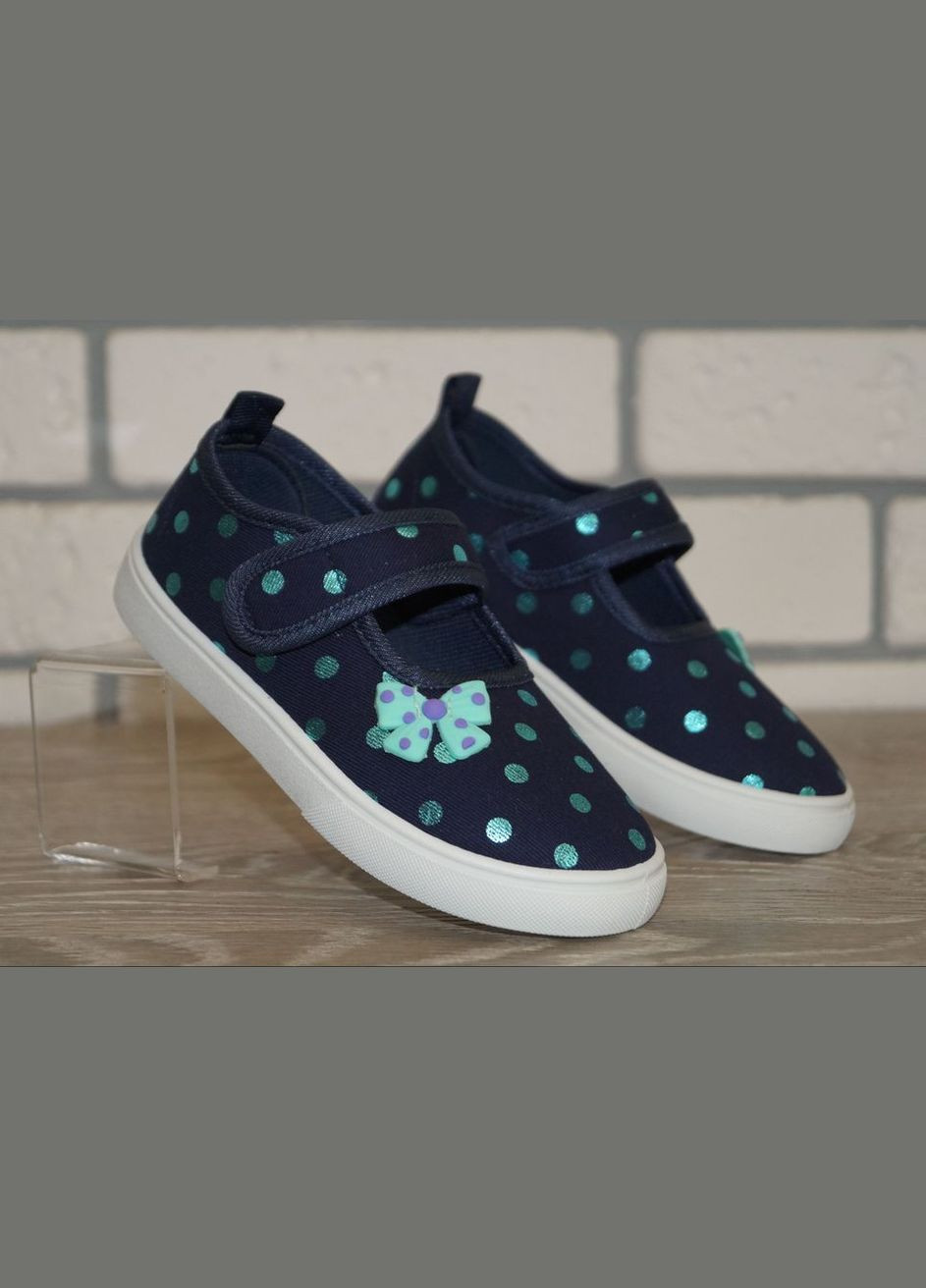 Темно-синие тапочки для девочки на липучке с бантиком темно-синие Blue Rama с логотипом, с белой подошвой, с бантом