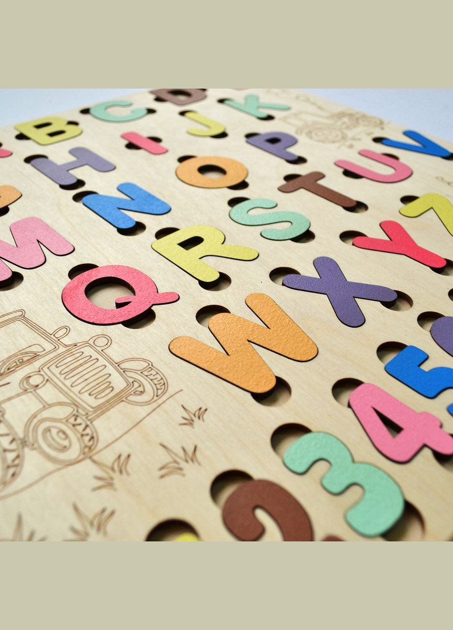 Дерев'яний алфавіт "Трактори", дитяча азбука із дерева, дерев'яні букви-пазли, абетка-сортер АНГЛІЙСЬКА No Brand (301482642)