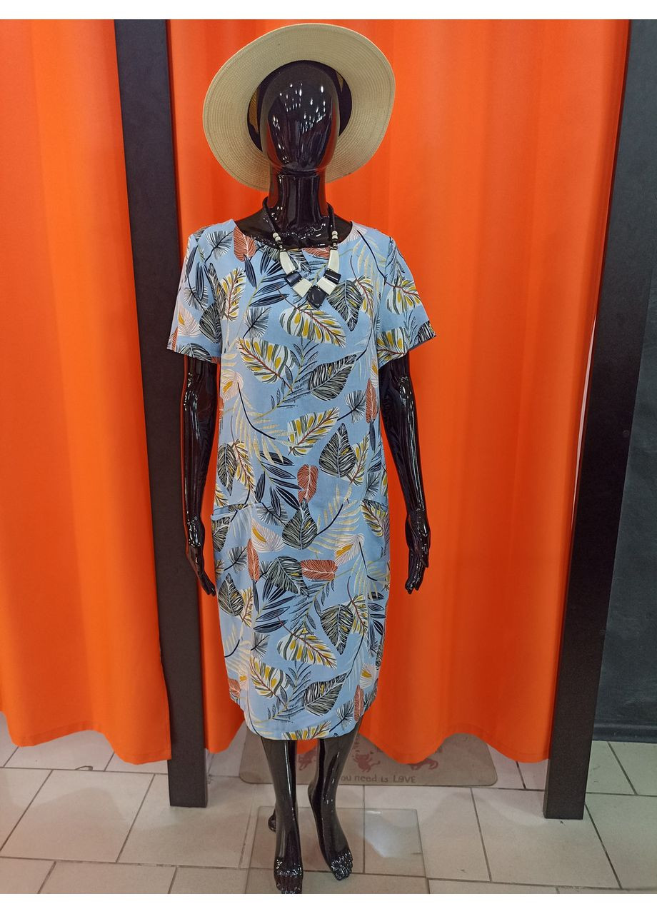 Голубое платье j.london лен короткий рукав карманы принт листья 48 голубое J. London