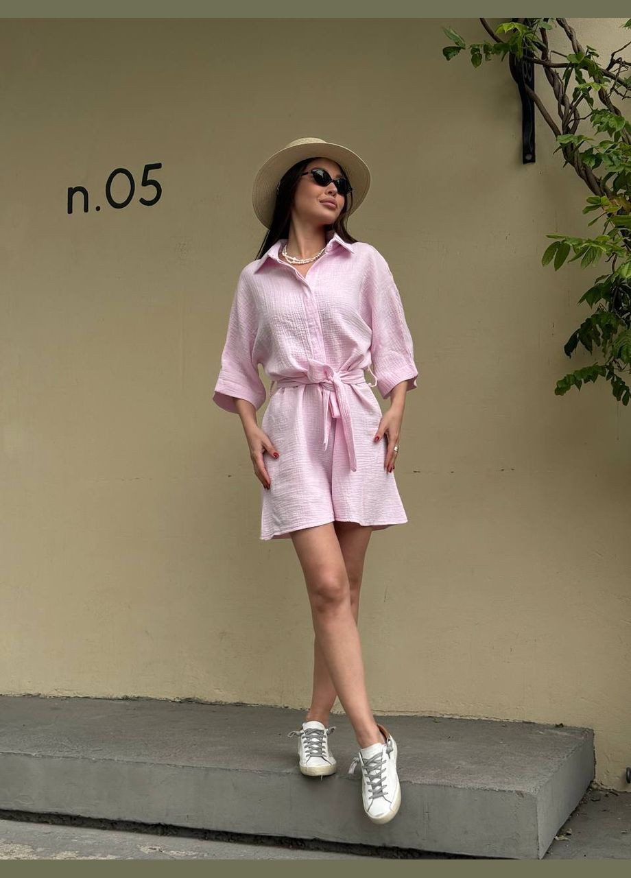 Муслиновый нежный комбинезон в цвете барби, летний комбез из натуральной ткани No Brand 1744 однотонный светло-розовый