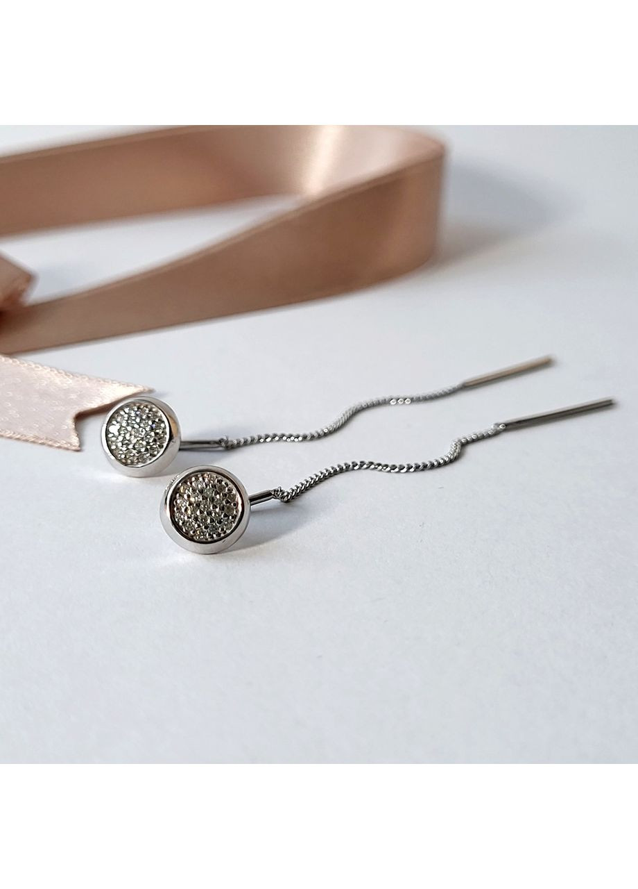 Серебряные серьги протяжки Монетки с Белыми камнями серебро 925 пробы Родированное 714с 1.74г No Brand (306742686)