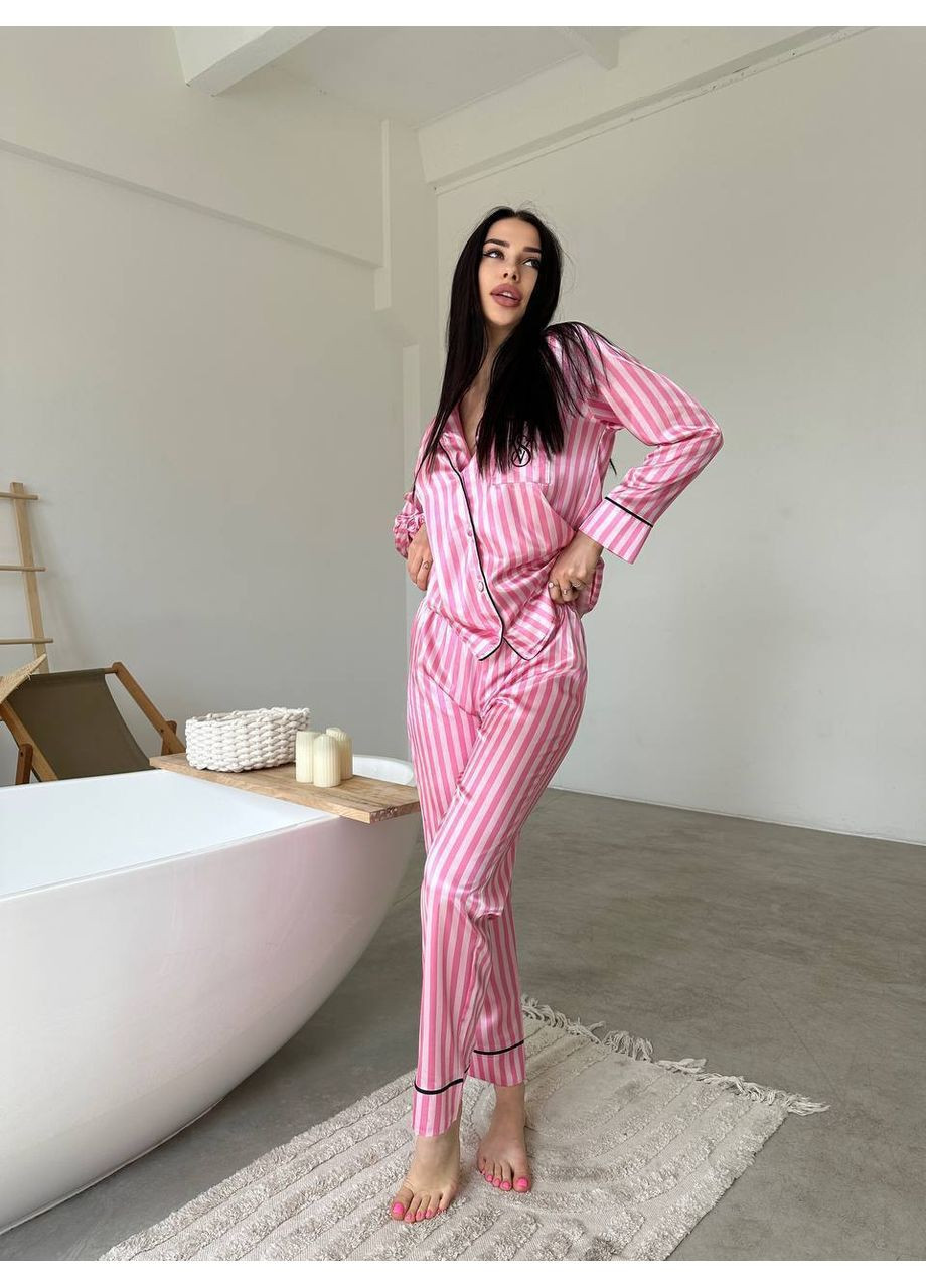Рожева всесезон жіноча сатинова піжама з лого vs сорочка + брюки Vakko