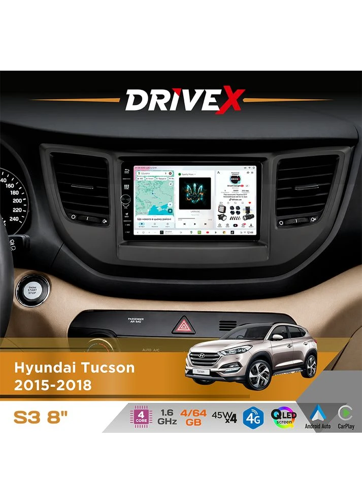 Штатная магнитола для Hyundai Tucson 2015-2018 S3 QLED 8" с физическими кнопками Android 8-ядерный 1.6ГГц 4x64Гб SIM-карта 3G/4G DriveX (401893431)