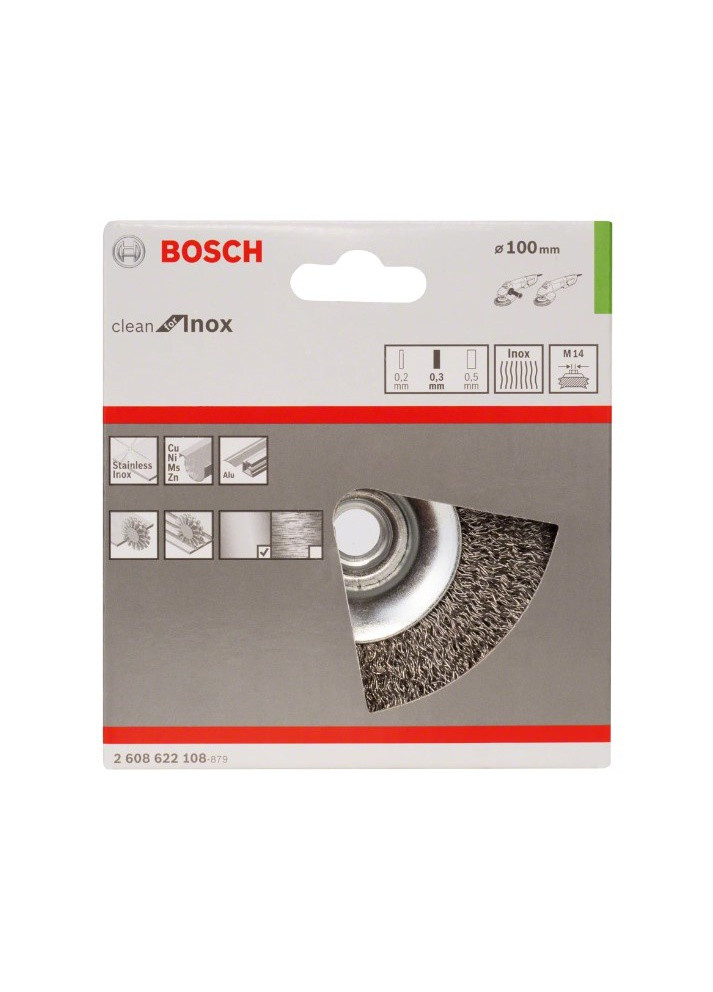 Конусная проволочная щетка 2608622108 (100 мм, М14, 0.35 мм) с гофрированным проводом (22115) Bosch (271985563)
