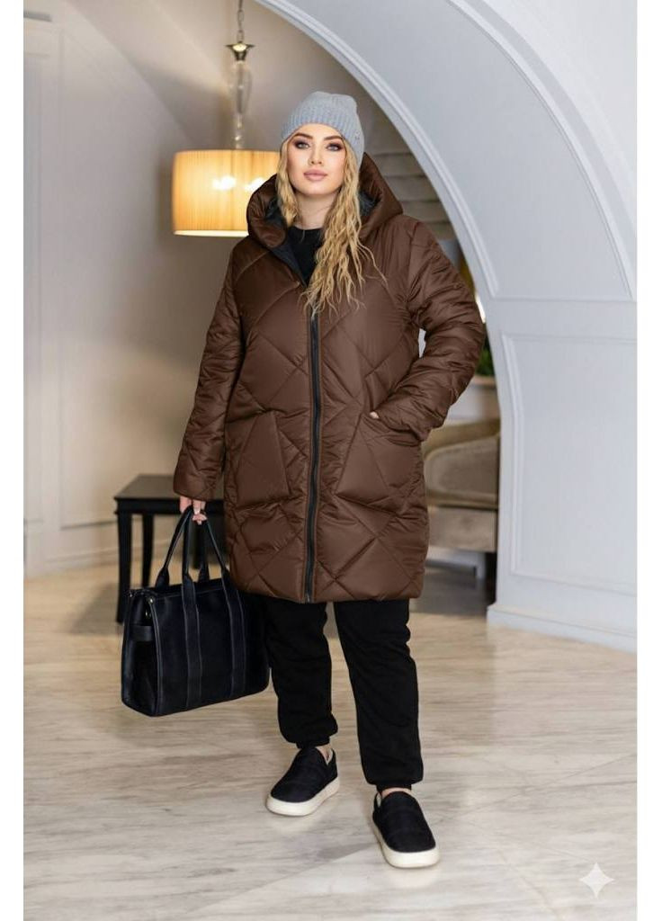Коричнева зимня жіноча подовжена зимова куртка з блиском — заміри в описі куртка-пальто Vione