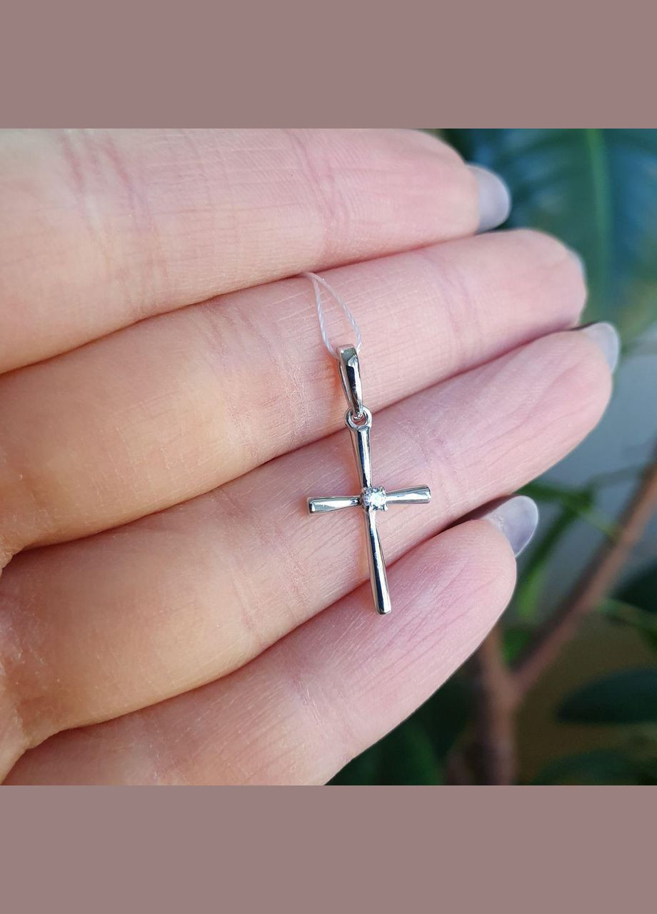 Срібний хрестик маленький з одним каменем посередині Каштан (342335223)