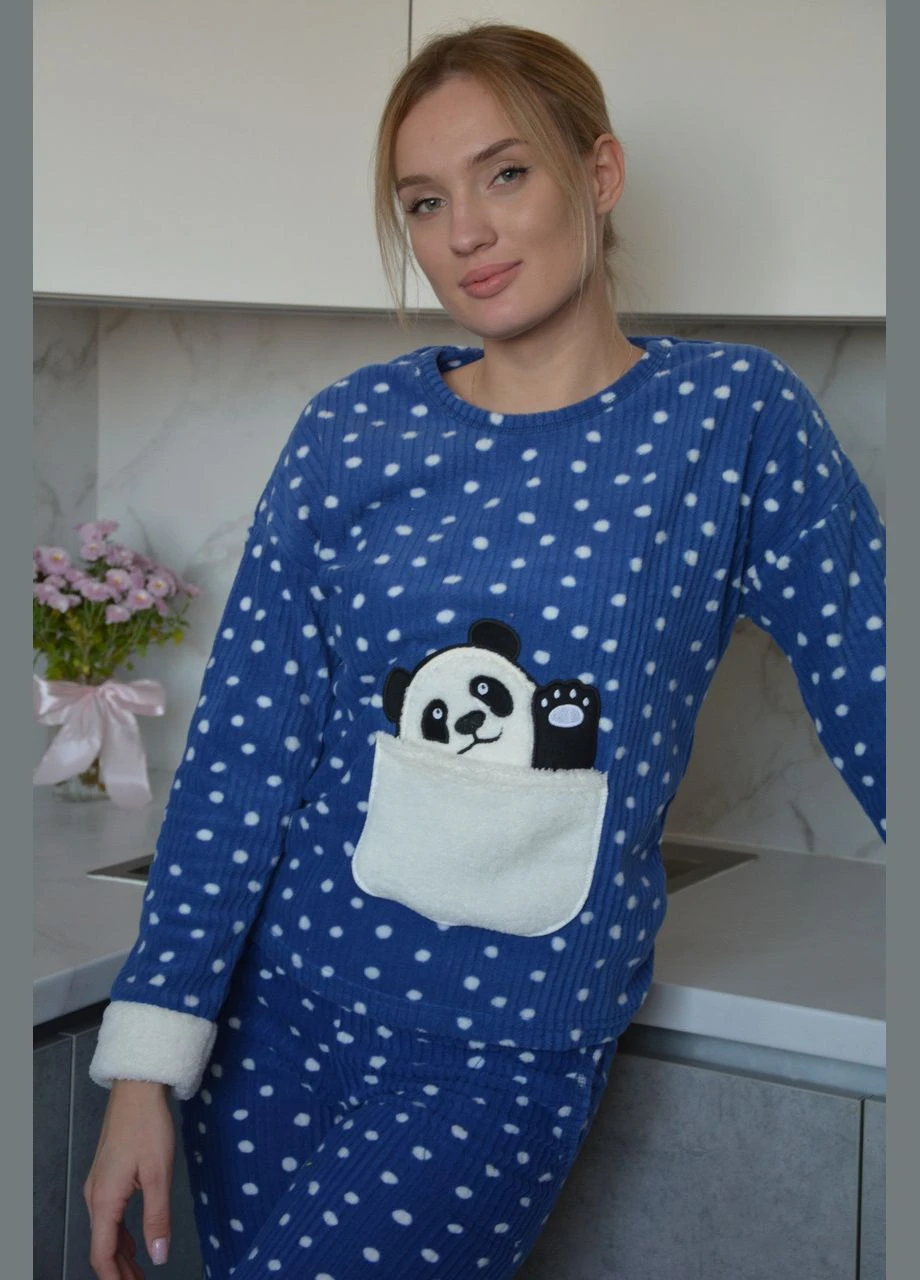 Синя всесезон тепла жіноча піжама фліс панда, горошок xl/2xl кофта + брюки ARCAN