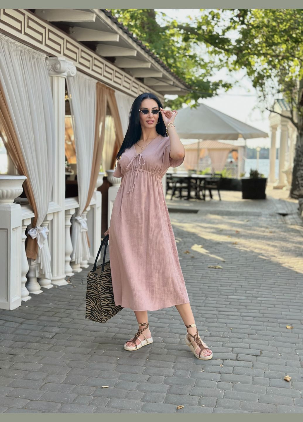 Кофейное повседневный длинное муслиновое платье Fashion Girl