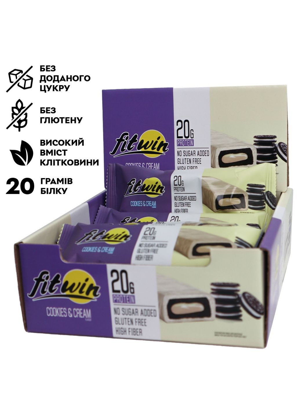 Батончик Protein Bar 20%, 12x60 грамм Печенье-крем FitWin (293419403)