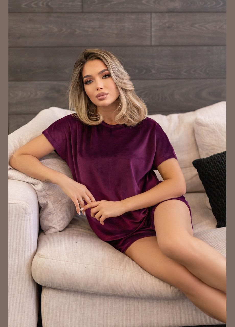 Бордова всесезон велюрова піжами двійка (футболка та шорти) Fashion Girl