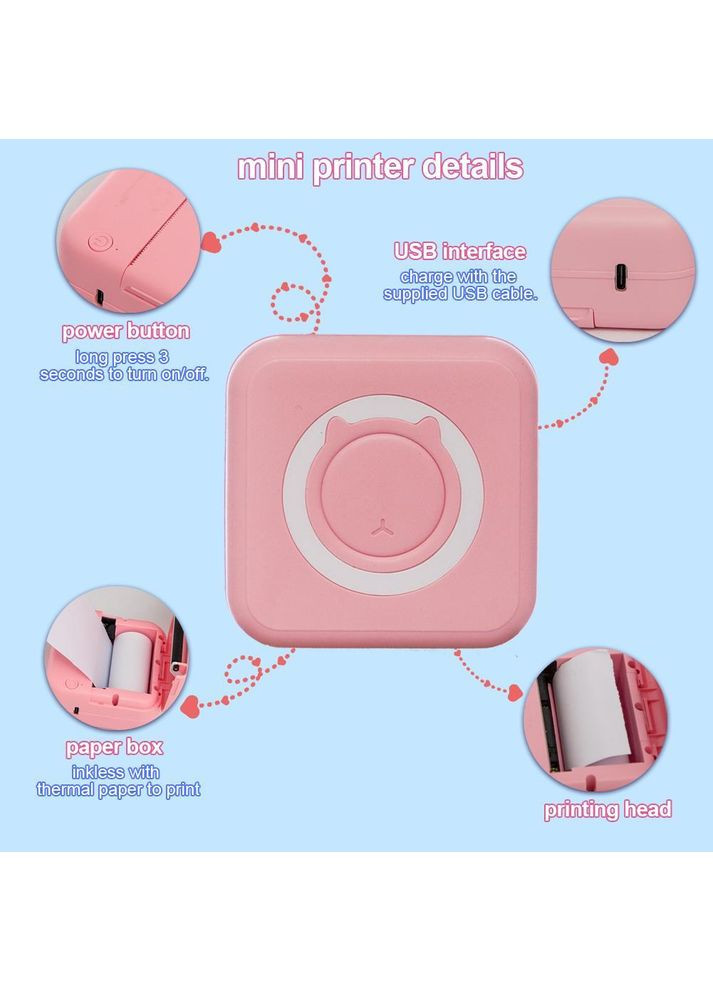 Портативний Bluetooth термопринтер 57×30 мм, з акумулятором, рожево-білий + 1 рулон термопаперу China (354827614)