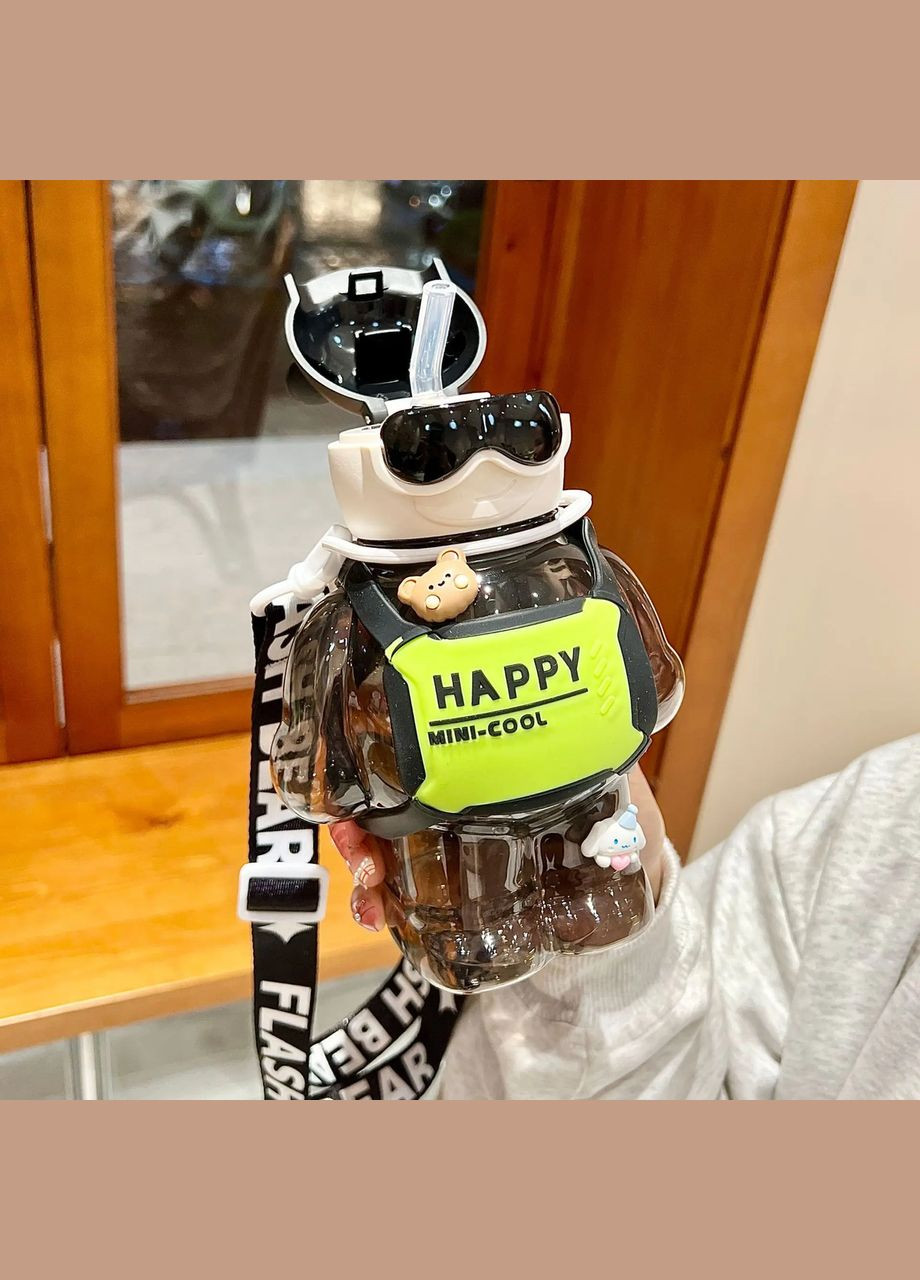 Пляшка для води Без Бренда 800 мл, Ведмедик з дозатором, ремінцем та трубочкою, Чорний ( ) No Brand (302392532)