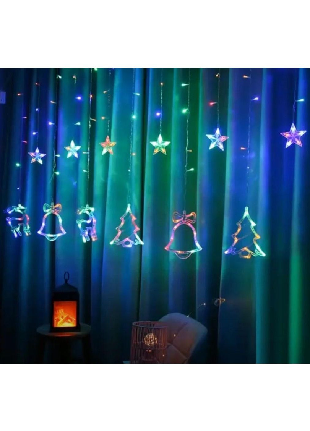 Світлодіодна гірлянда штора завіса на вікно з фігурками дзвіночка оленя ялинки 12 штук робота від мережі 2,5 м (478684-Prob) RGB Unbranded (308336889)