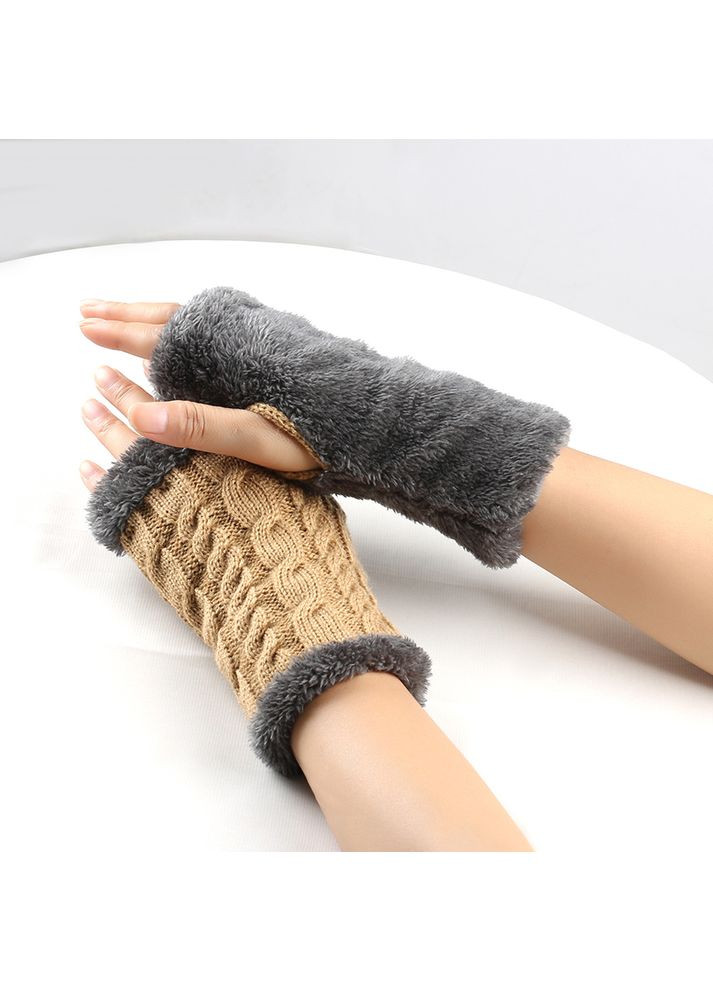 Митенки с мехом вязка без пальцев хаки No Brand (362191442)
