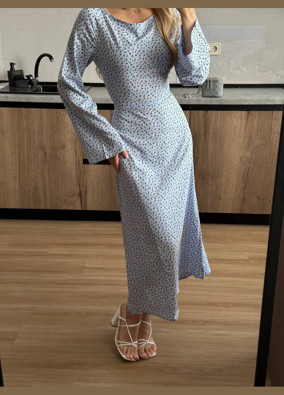 Голубое цветочное макси-платье с шнуровкой на спине No Brand с цветочным принтом