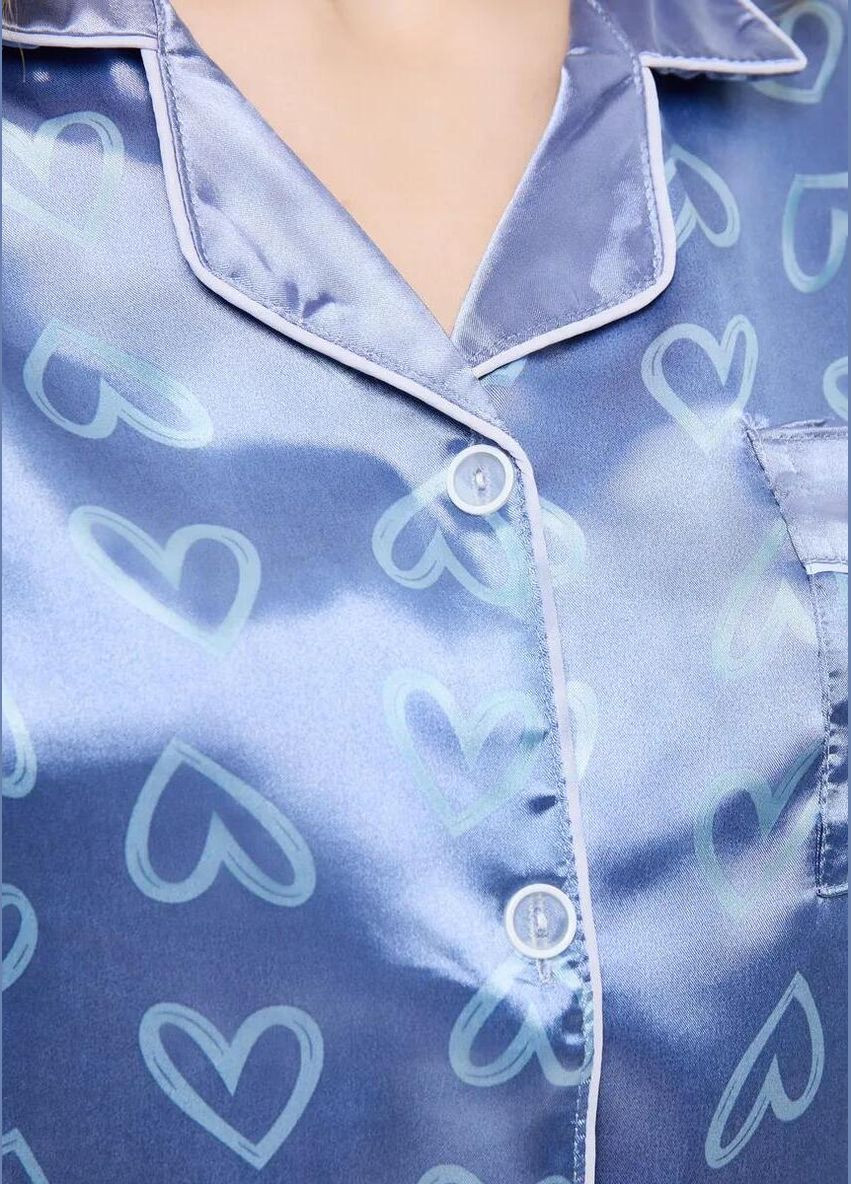 Светло-голубая всесезон женская атласная пижама с сердечками пижамный комплект двойка рубашка и брюки набор для дома с принтом сердечка рубашка + брюки Cindylove