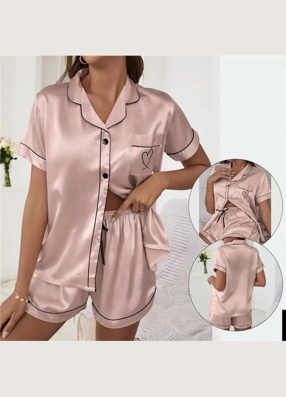 Розовая французский комплект пижама сатиновая для женщин, рубашка +шорты one size, розовая No Brand
