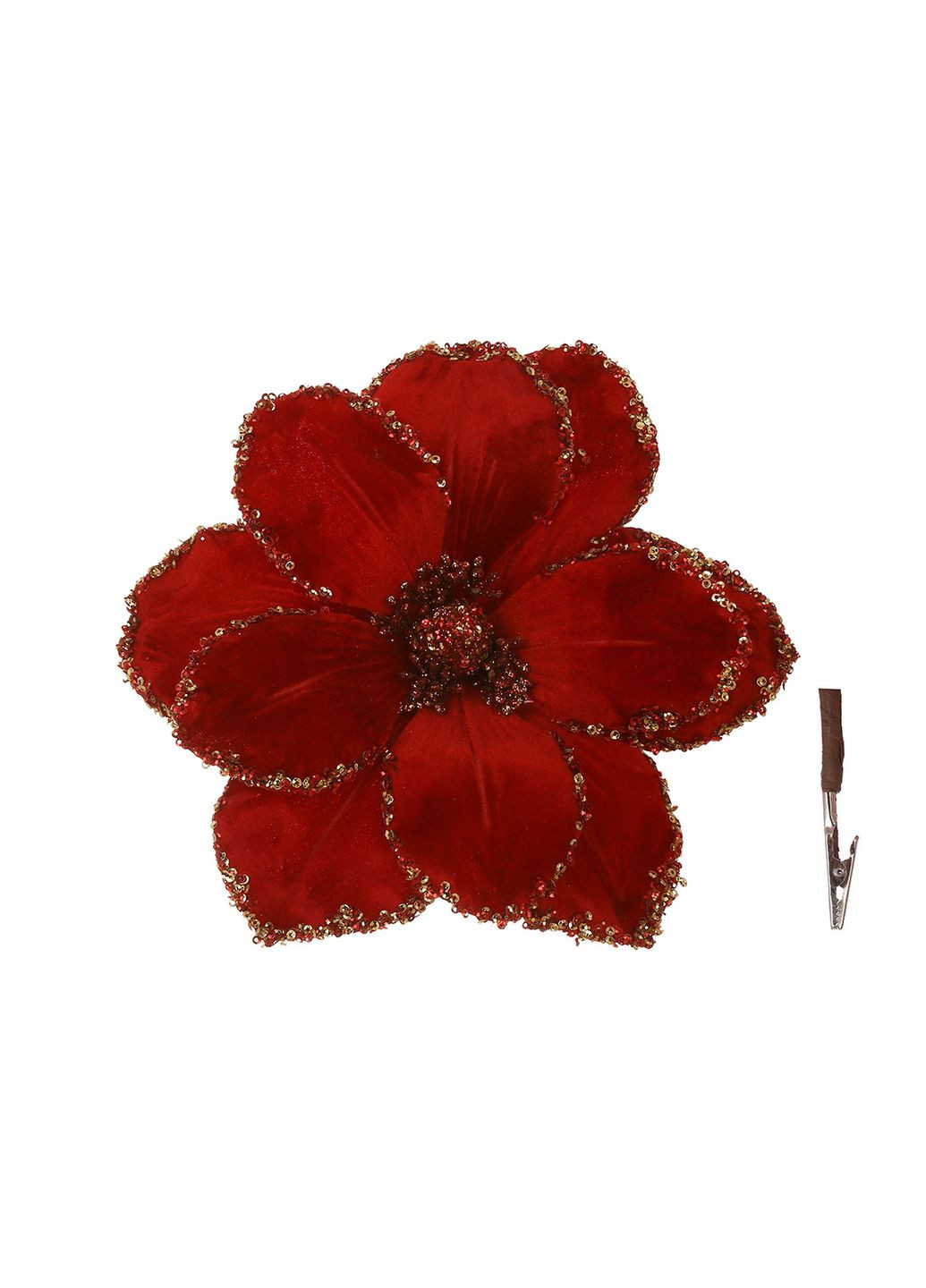 Оксамитова квітка Магнолія на кліпсі з паєтками D28см, червоний з золотом No Brand (335971129)