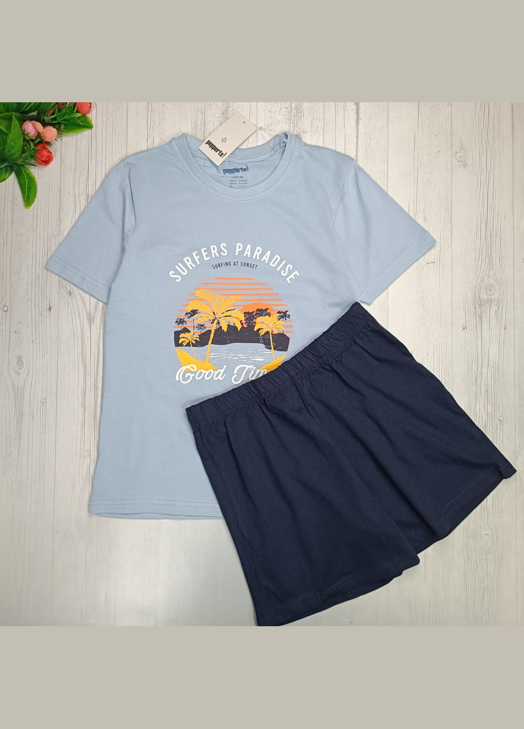 Синя всесезон піжама літня для хлопчика футболка + шорти Pepperts