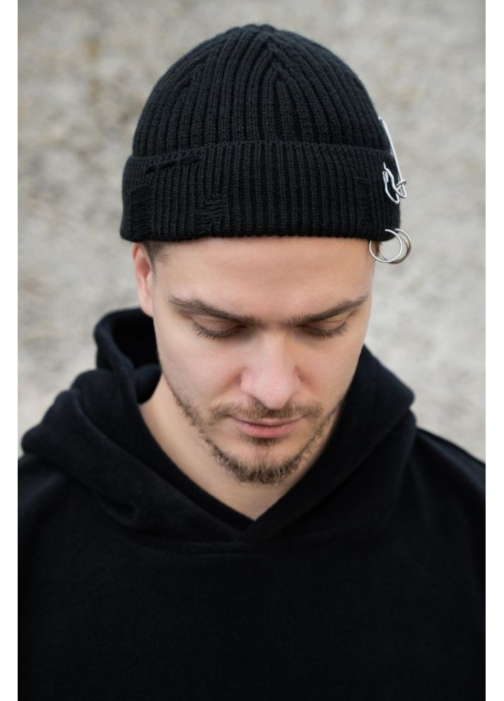 Утеплена трикотажна шапка Біні Докер на флісі Gvido Destroyed Black Without (363044255)