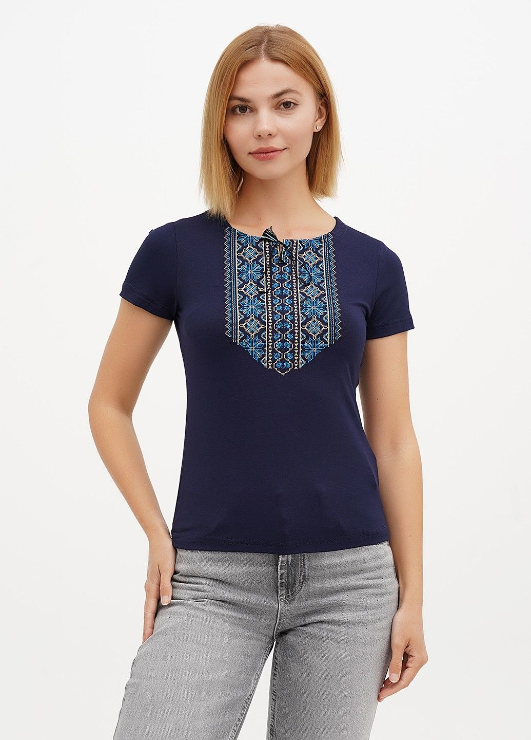 Темно-синя жіноча вишита футболка мережка бірюза, синя Lesia (335077547)