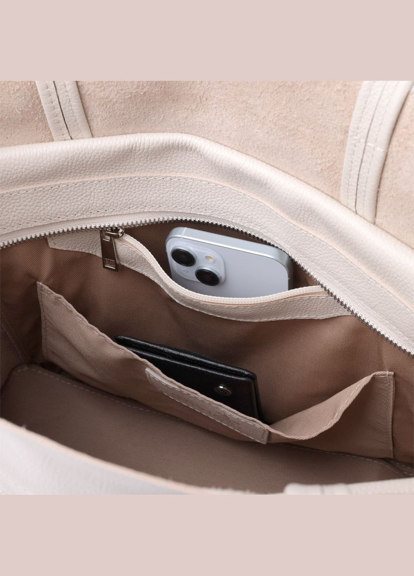 Вместительная сумка-шоппер из натуральной кожи 22843 Бежевая. Shvigel (305768383)