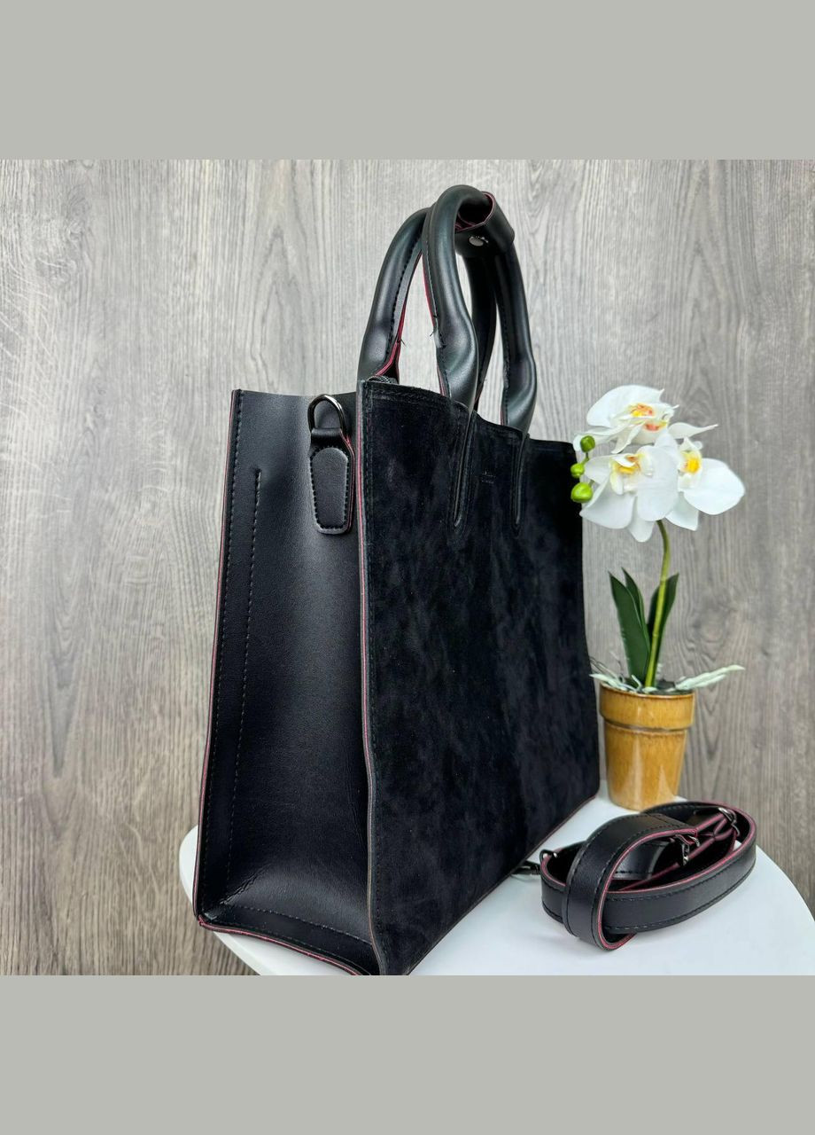 Замшевая женская сумка большая черная, женская сумочка из натуральной замши и эко кожа No Brand (334731130)