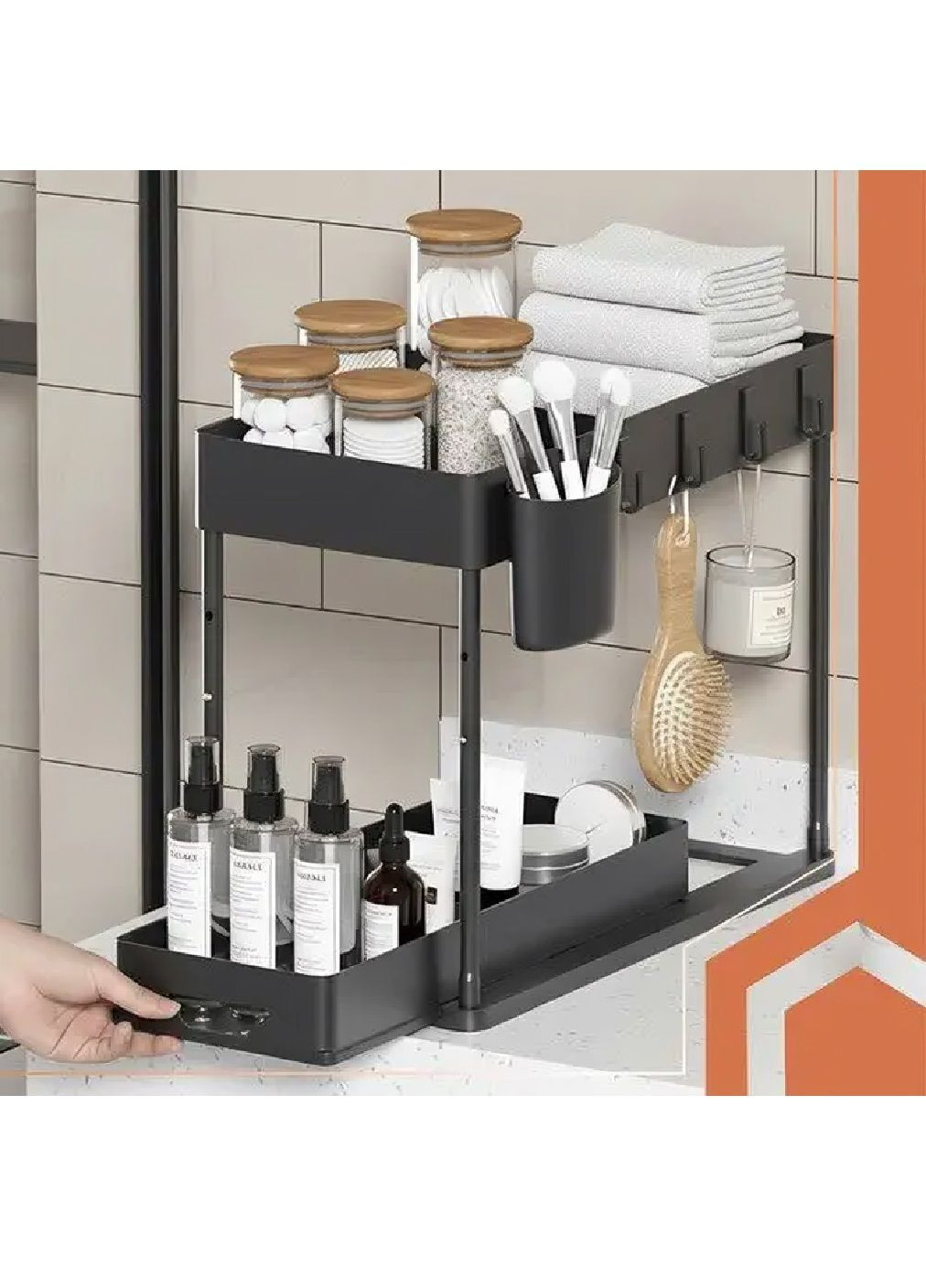 Органайзер дворівневий металевий висувний під мийку для кухні ванної комори (482228-Prob) Чорний Unbranded (372111217)