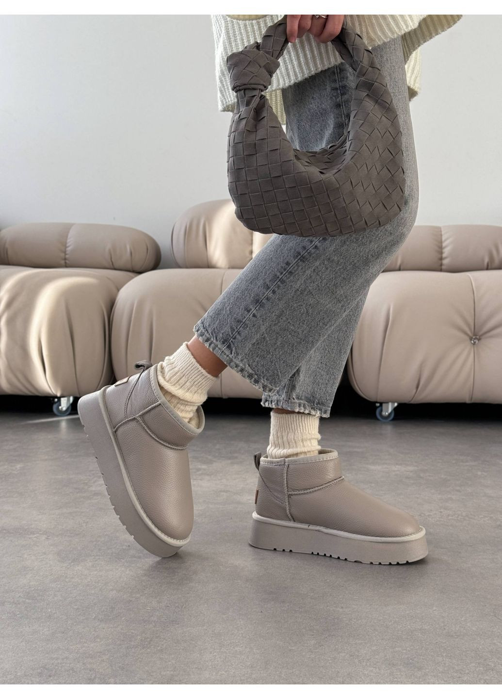 Угги женские кожаные на платформе короткие серые (2162) No Brand серые зима (361930422)