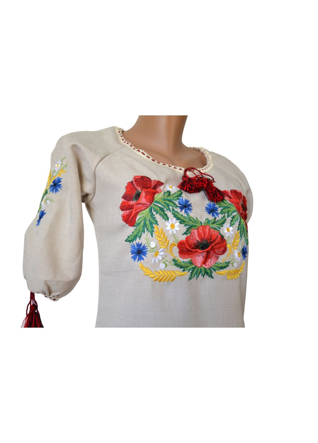 Бежева жіноча вишиванка орнамент мак-волошка в кольорі беж НоКо візерунок квітковий габардин (307926043)