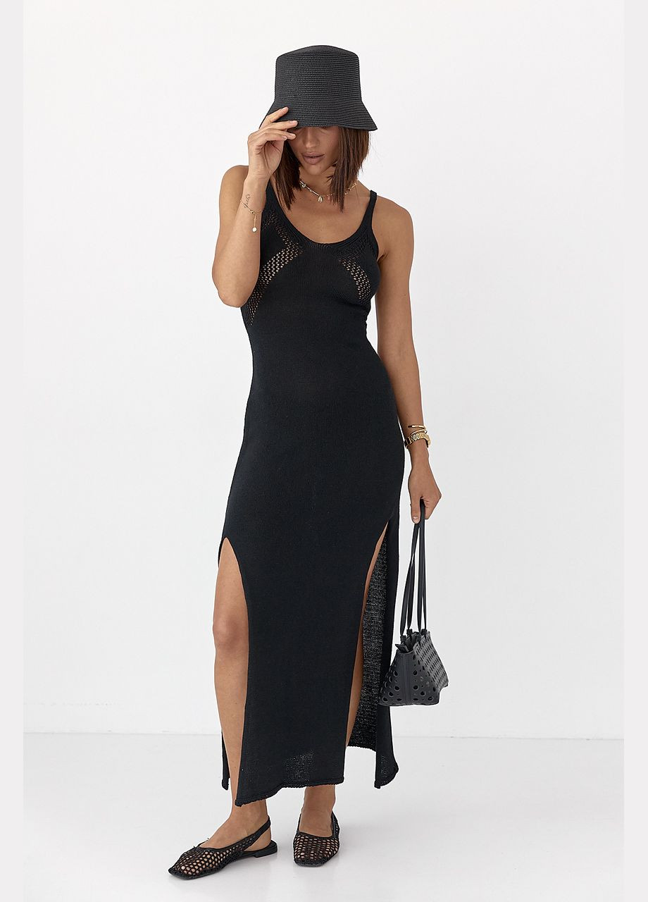 Черное силуэтное вязаное платье с разрезами Lurex