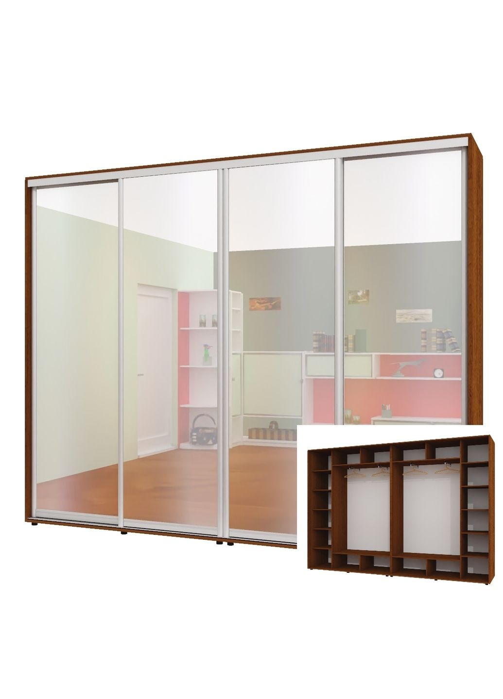 Шафа-купе чотиридверна 310*45*240 см Горіх лісовий 4 двері Дзеркало ШК-02 Алекса (360448850)