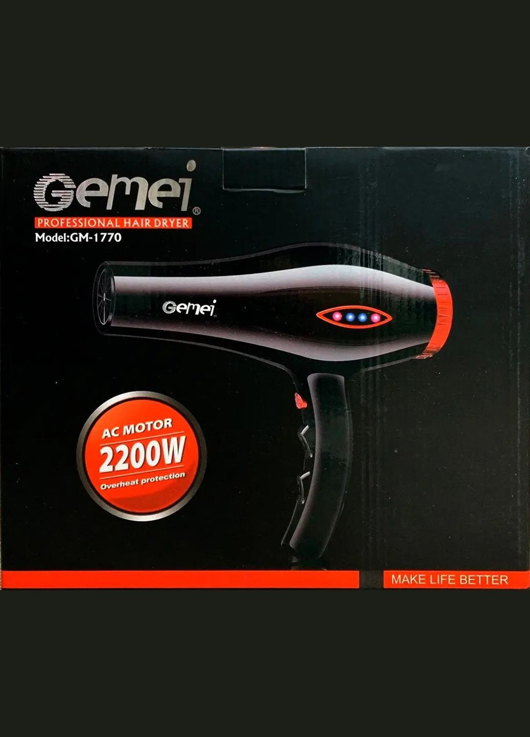 Професійний фен для сушіння та укладання волосся з регуляцією швидкості та температури 2200 W GM-1770 Pro Чорний Gemei (306716677)
