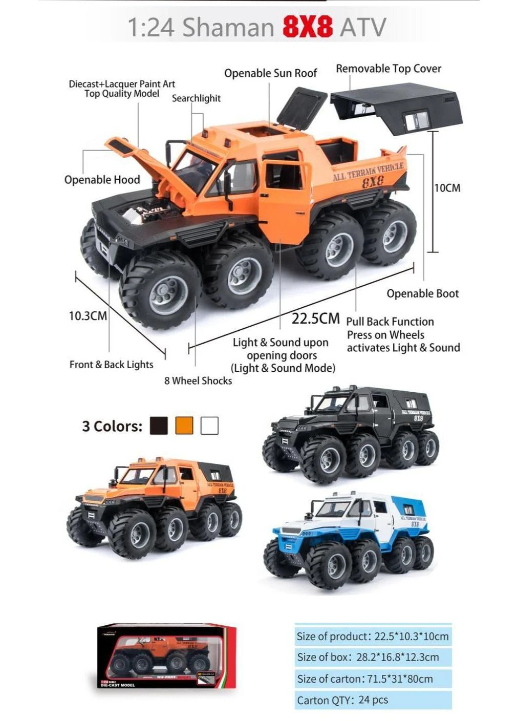 G458917-DC24213 SHAMAN CONQUERORS CAR 1:24, 8x8 ATV, 3 кольори, підсвічування фар, реалістичні звуки No Brand (367725027)