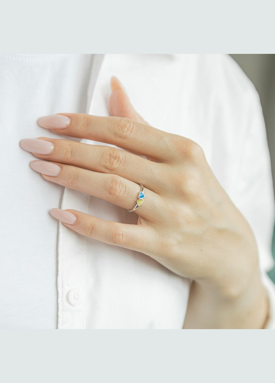 Срібна каблучка два Серця з жовтою та блакитною емаллю No Brand (362177254)