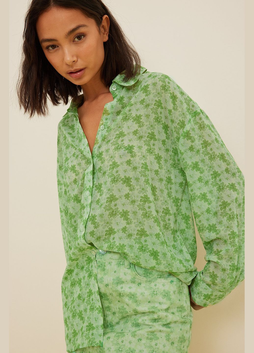 Зелена блуза демісезон,зелений в візерунки, NA-KD