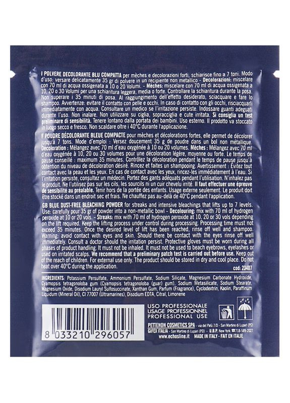 Беспильовий блонд-порошок блакитний Bleaching Polvere Decolorante Blu Compatta 35g (2-633851) Echosline (369790233)