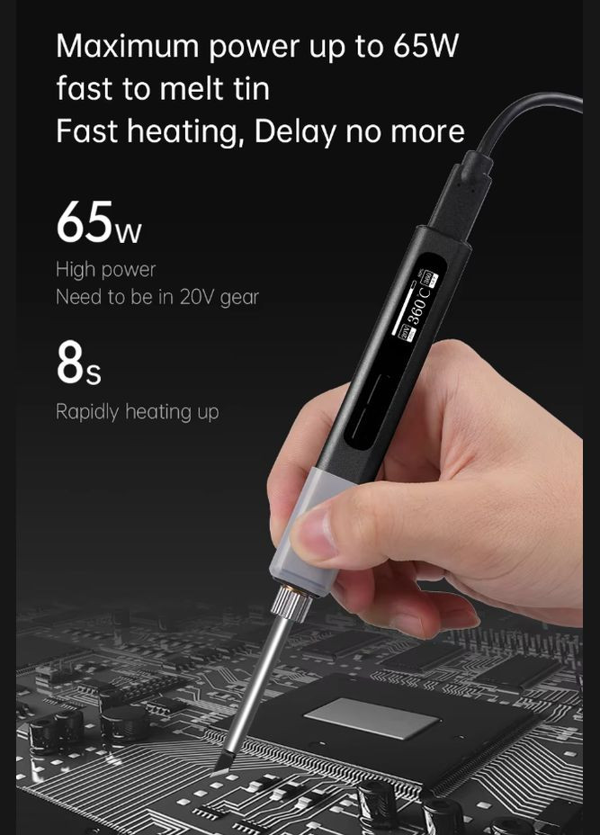 USB паяльник GD300 (65Вт, 420 град.) + блок живлення PD 65W, 5 жал, кабель Type-C, припій, підставка GVDA (327430346)