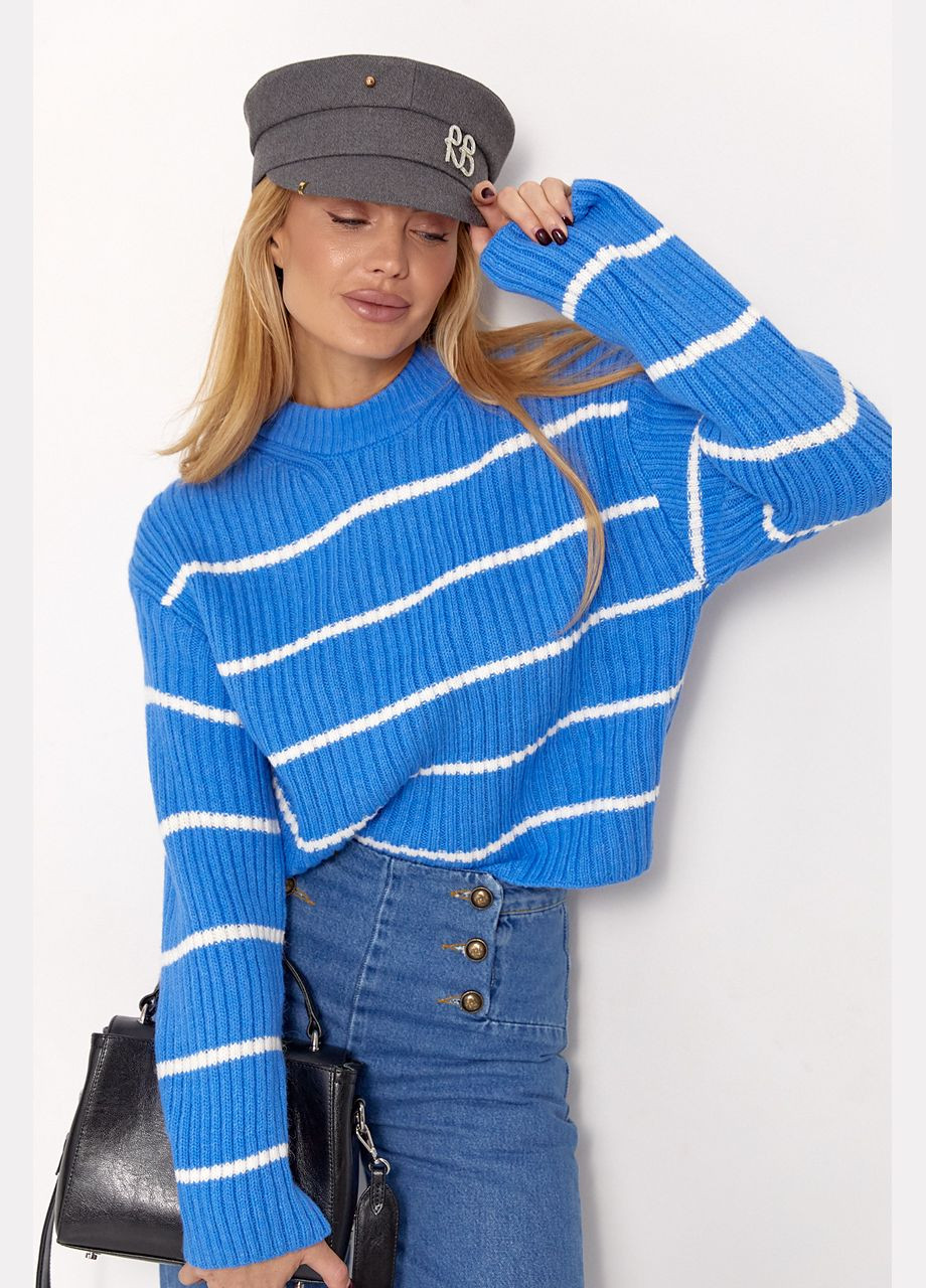 Синий зимний вязаный женский свитер в полоску Lurex